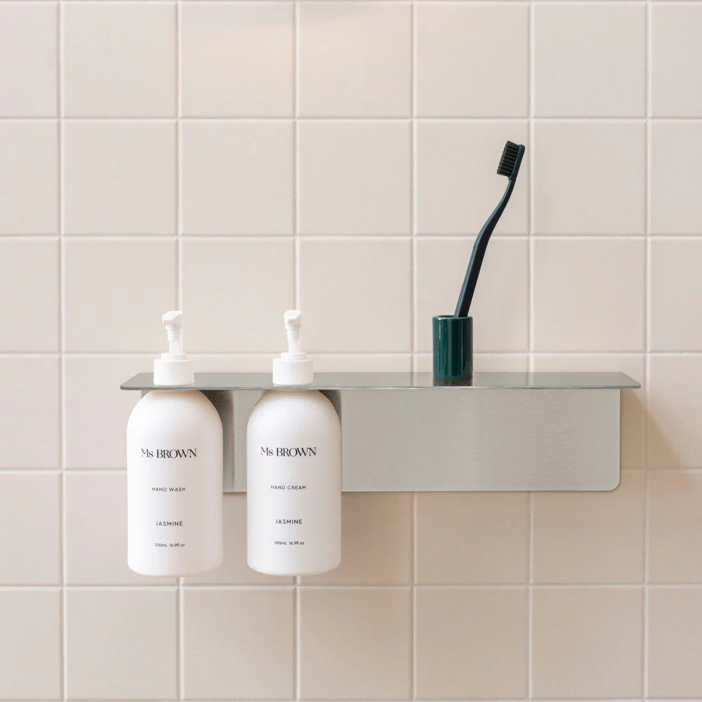 DESIGNSTUFF Shelf w/ Dual Soap Dispenser Holder, L40 cm, Brushed Steel - Image 4