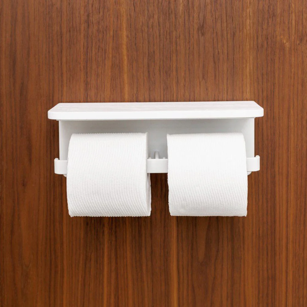 DESIGNSTUFF Toilet Roll Holder w/ Shelf Dual, White - Image 4