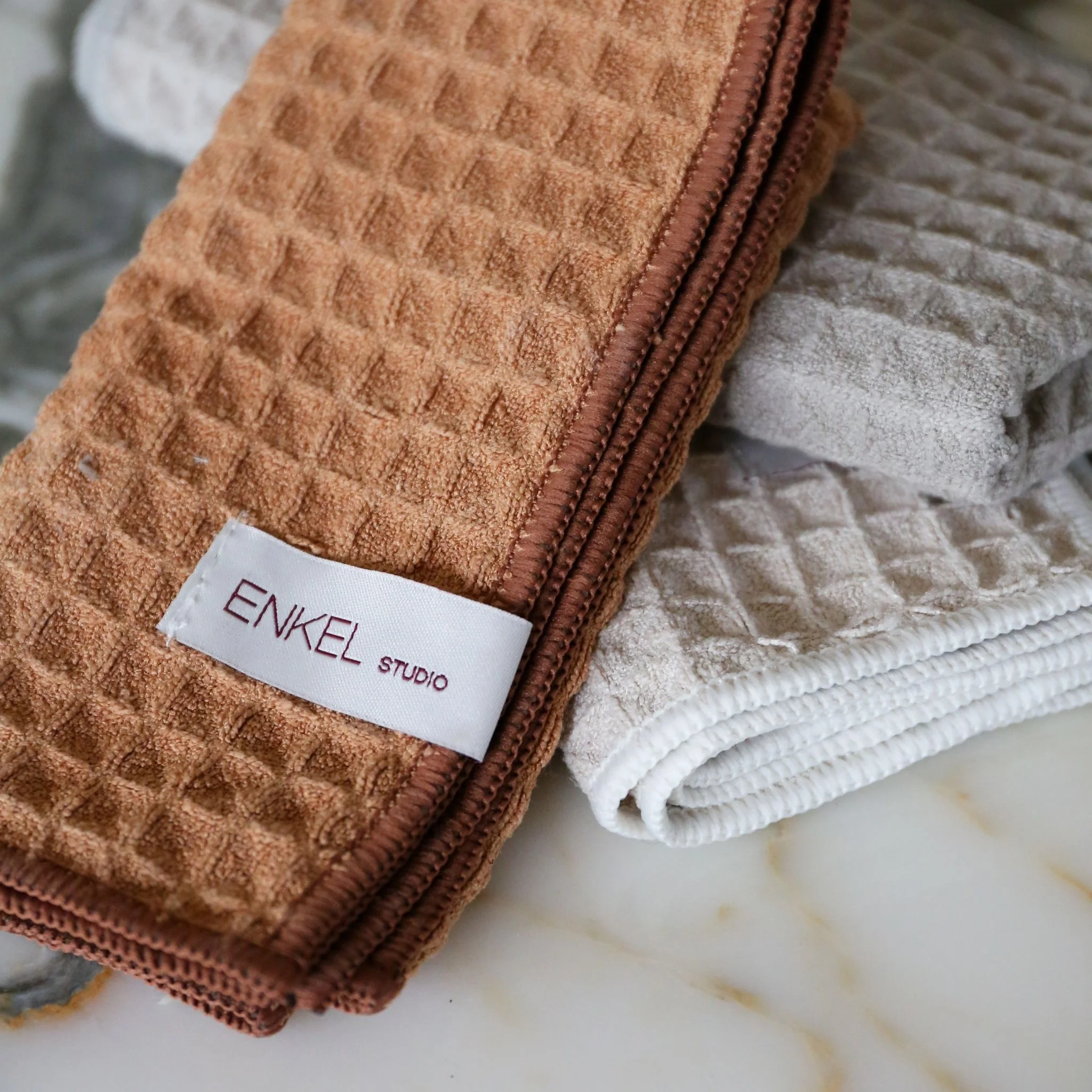 ENKEL STUDIO Wipe Dishcloth, Waffle Microfibre, Sand/Caramel/Light Grey (Set of 3) - Image 3