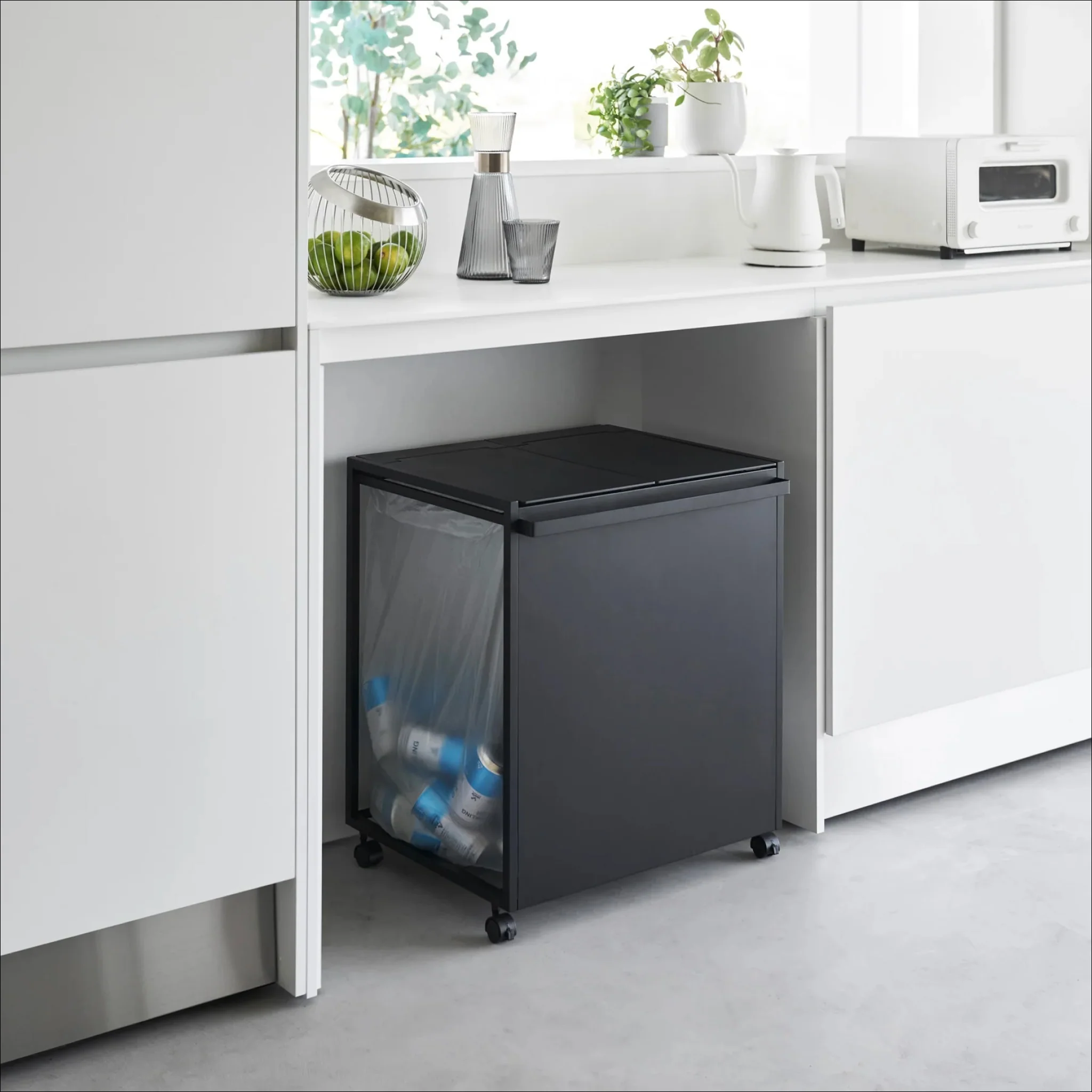 YAMAZAKI Tower 2 Compartment Rubbish/Recycling Bin w/Wheels, Black - Image 7