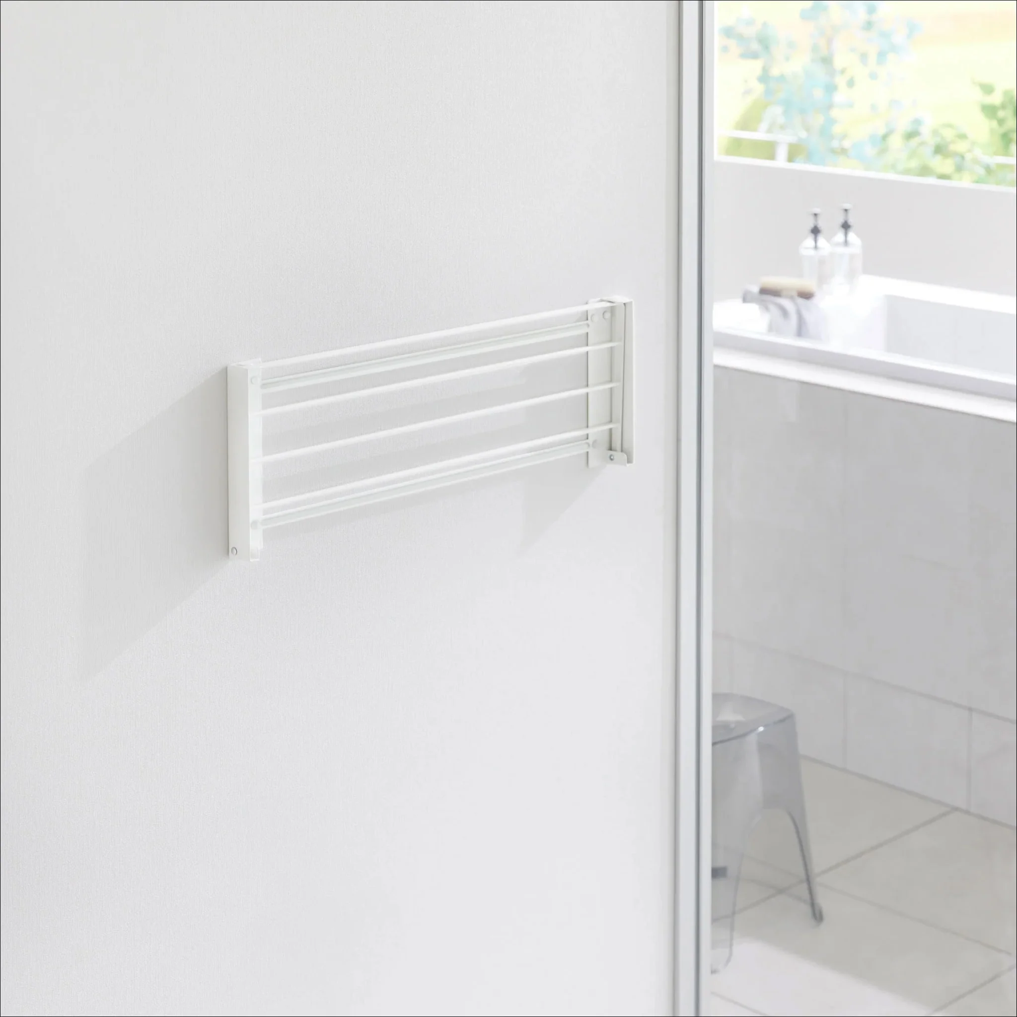 YAMAZAKI Tower Wall-Mounted Folding Clothes Drying Rack, White - Image 3